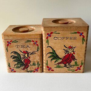 Vintage Rustic Coffee Tea Wood Canister Set w/ Hand-Painted Rooster Japan